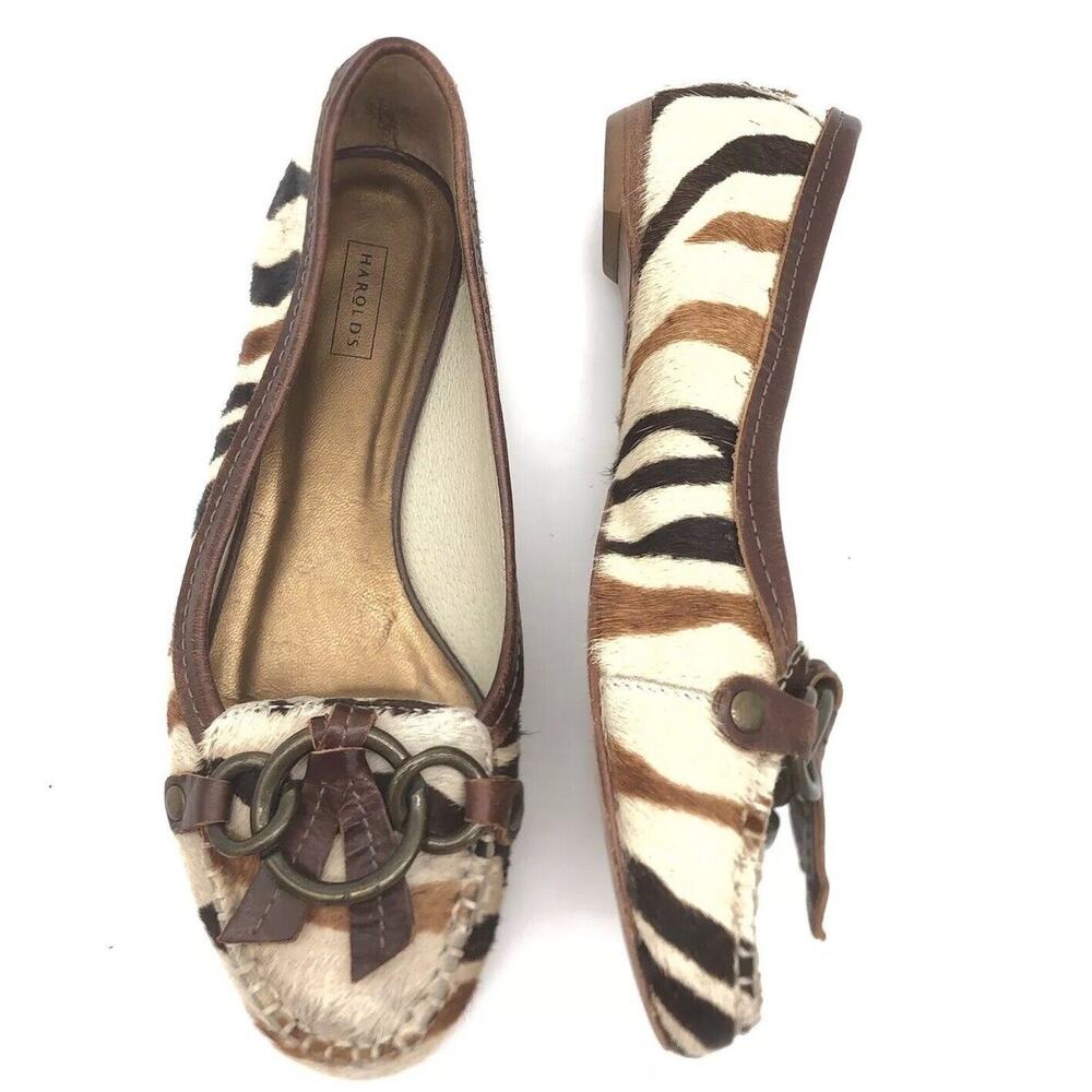 Harold’s Fur Ballet Flat Zebra 7M women Brass Embellish Cream Brown Black